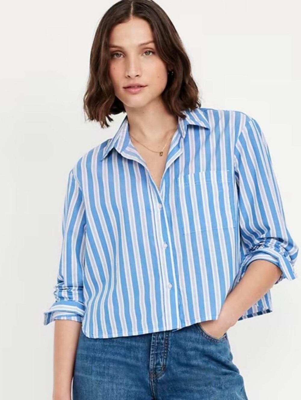 Old Navy Cropped Blue White Striped Button Down XL Coastal Grandma Preppy Boxy